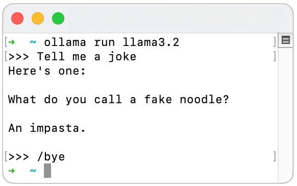 Terminal commands to start, interact with and quit an LLM using Ollama