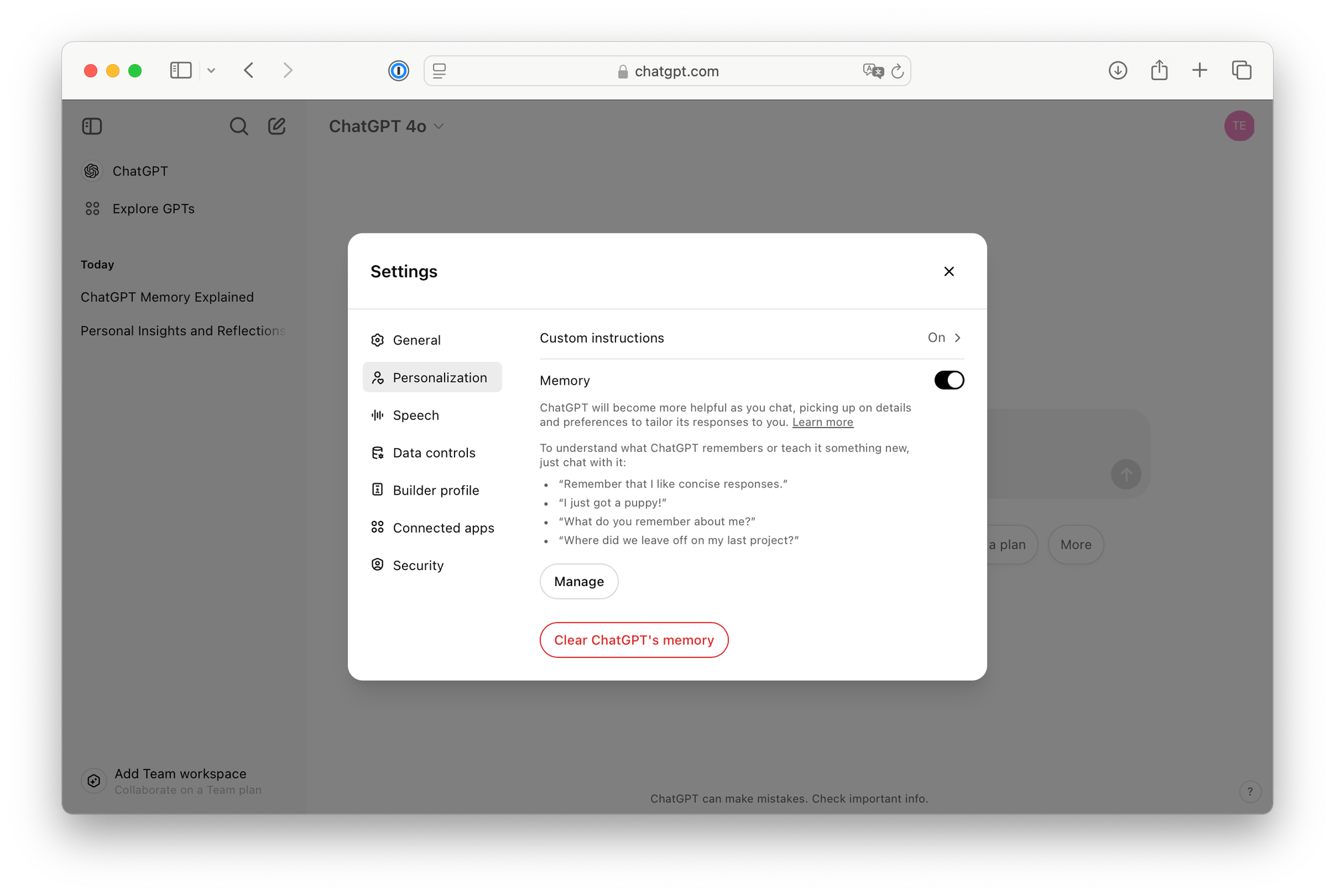 Screenshot of settings screen to manage ChatGPT's memory function